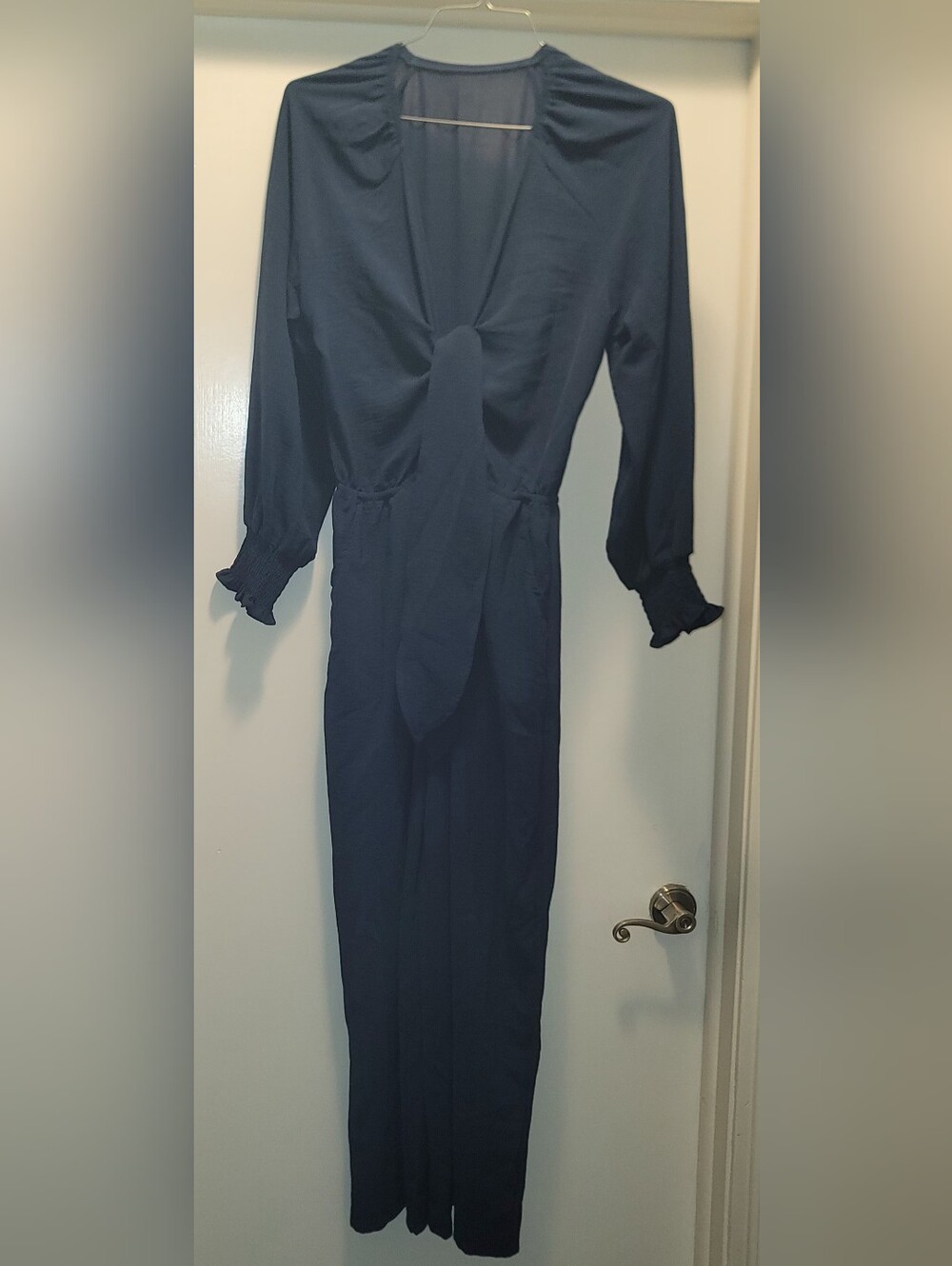 Women's Blue Solid V-Neck Long Sleeve Jumpsuit Smocked Tie Mid M